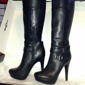 Guess Black Leather Knee High Platform Boots, 6.5